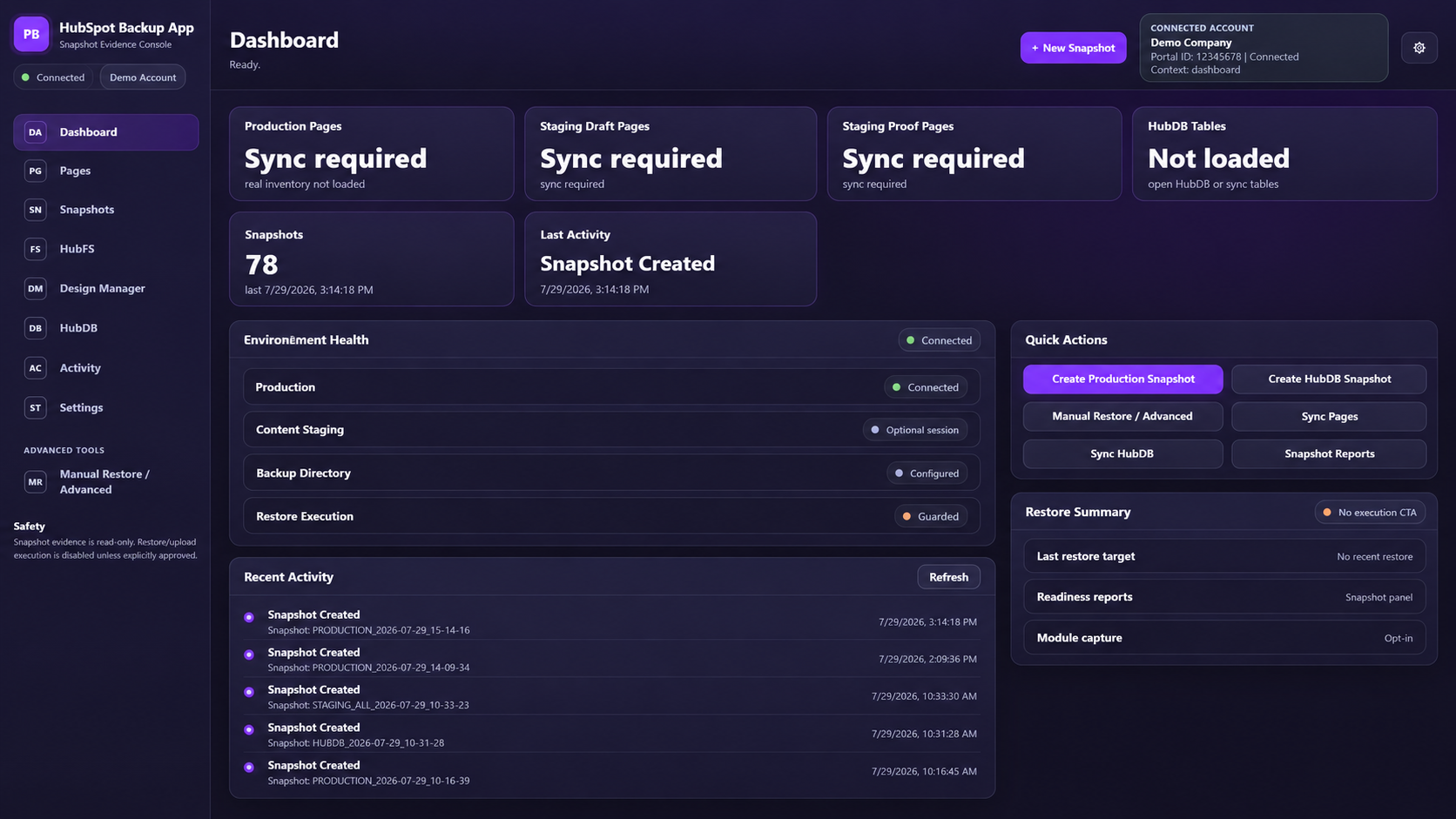 HubSpot Backup application dashboard screenshot