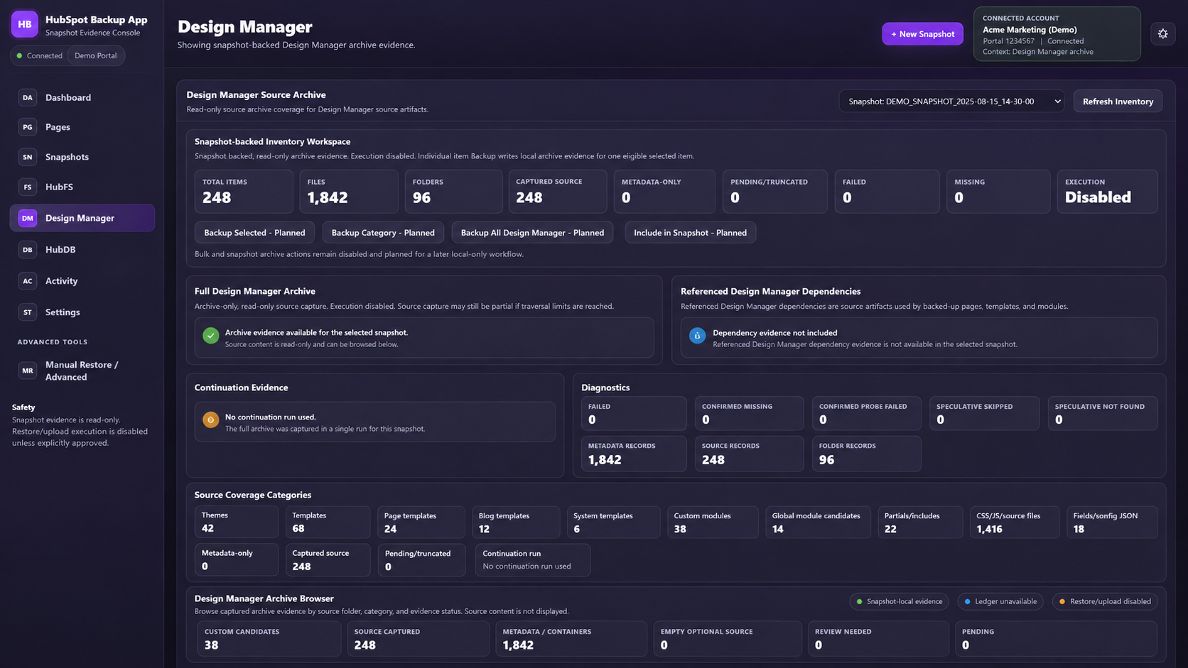 Design Manager evidence workspace in HubSpot Backup and Restore