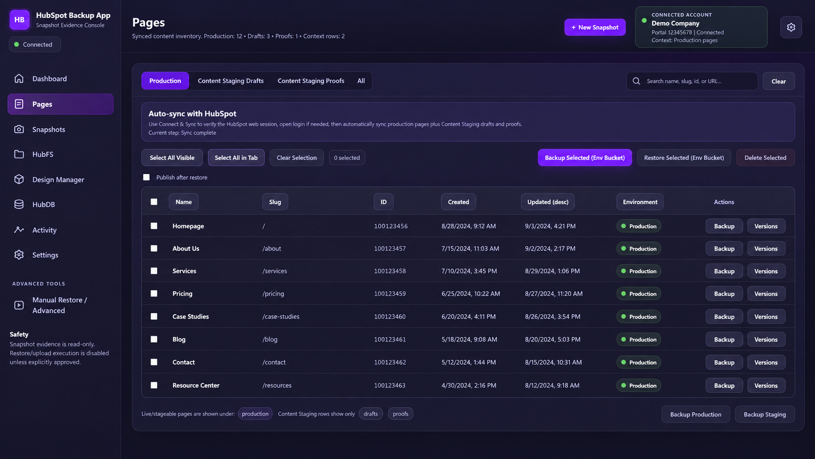 Page inventory in HubSpot Backup and Restore